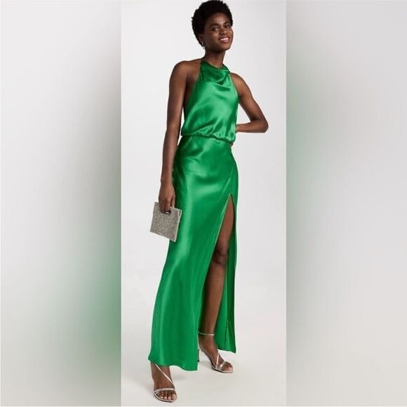 Amanda Uprichard Elegant Green Satin  100% silk Halter Dress, XS - Picture 5 of 16
